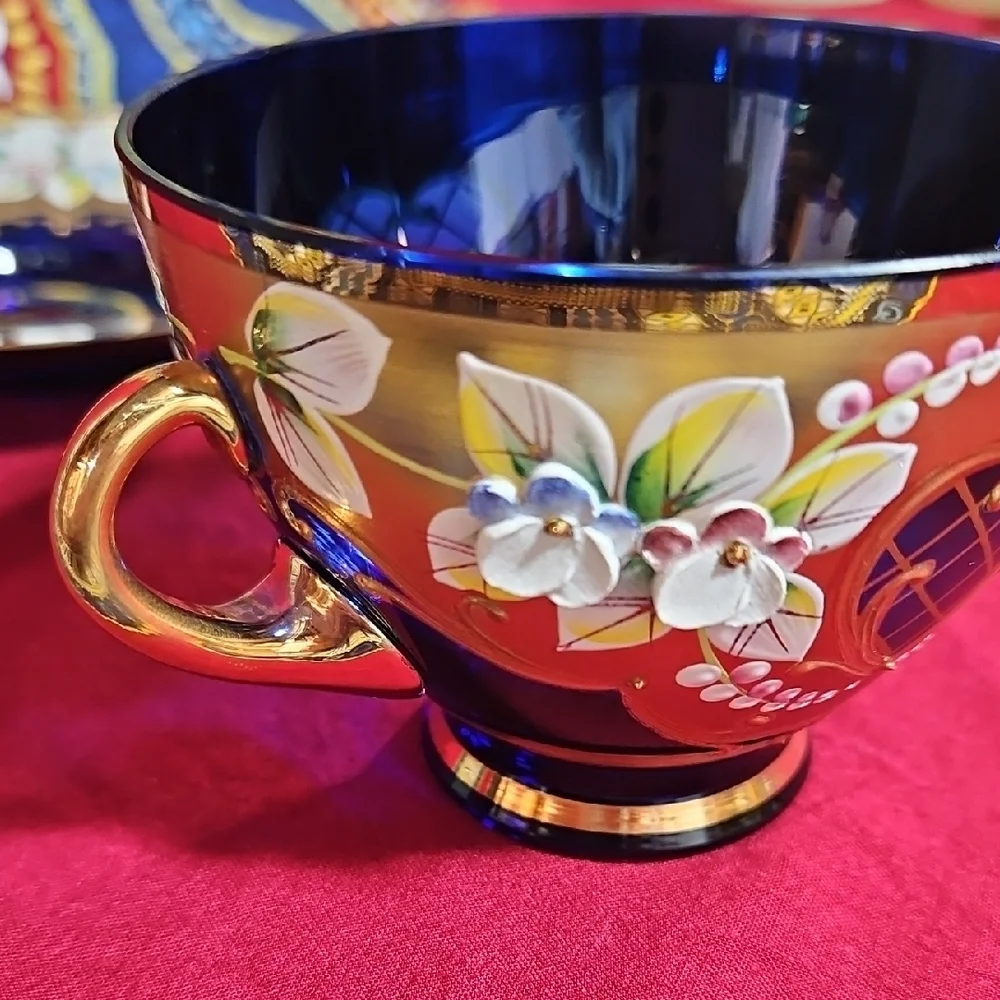Vintage Bohemian Cobalt Blue Glass Tea Cup & Saucer Set 24K Gold High Enamel
